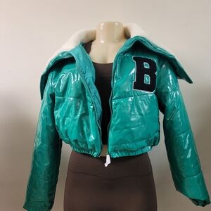 Green Puffer Jacket with Letter Patch